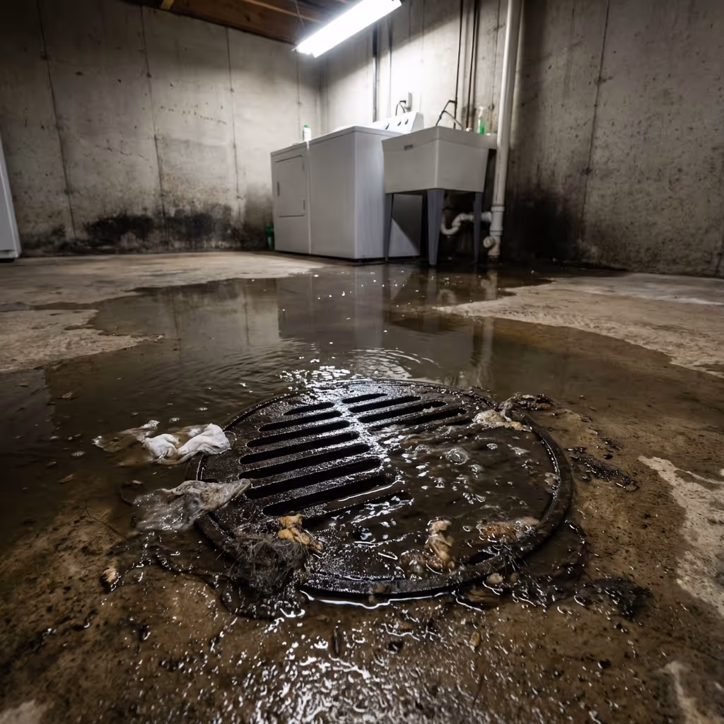 Basement laundry area with washing machine, utility sink, and water pooling around a floor drain with debris.