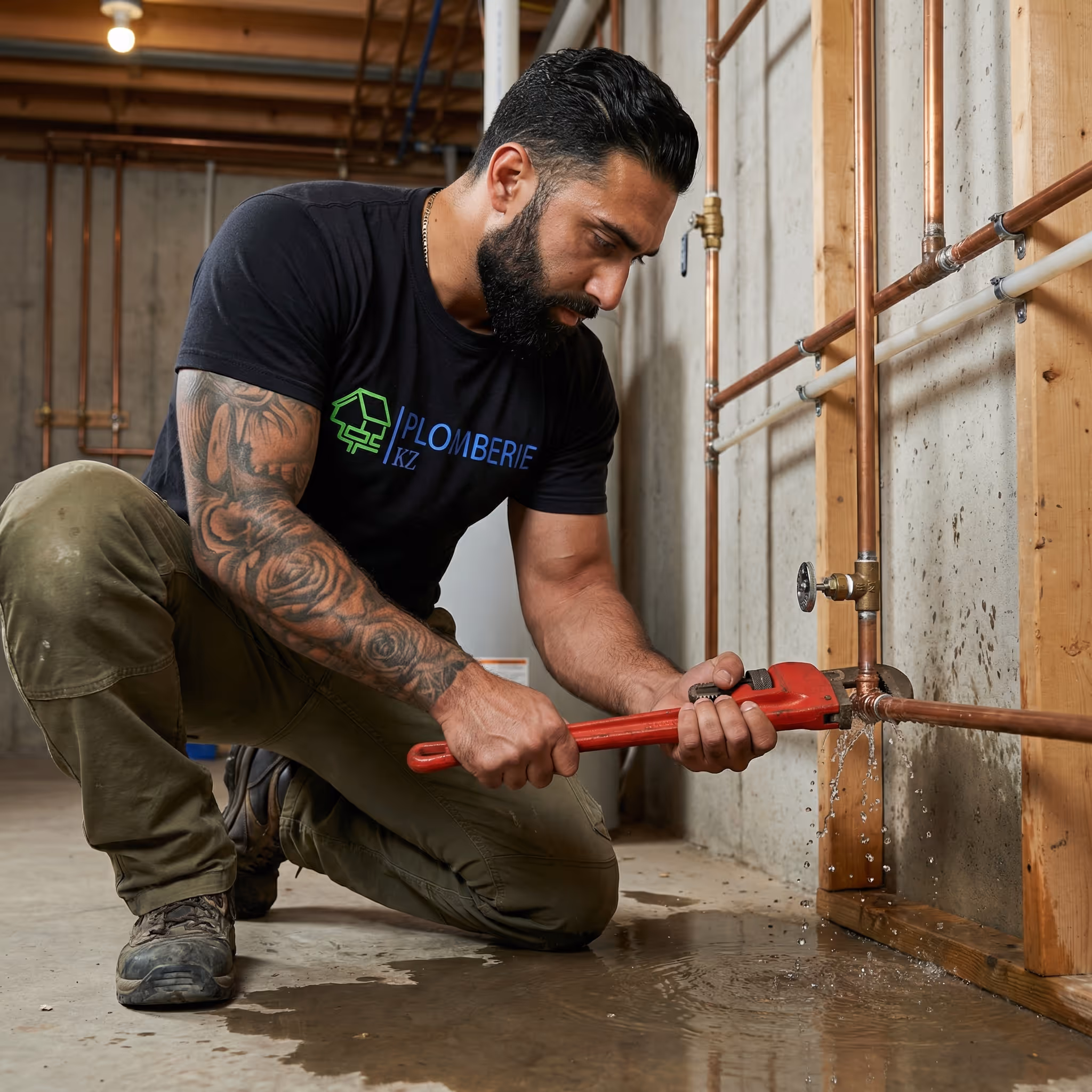 Plumber with a beard and tattooed arm using a red pipe wrench to fix a leaking copper pipe in an unfinished basement.