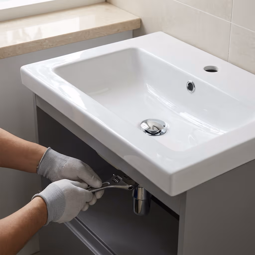 Person wearing gray gloves using a wrench to fix plumbing under a white bathroom sink.