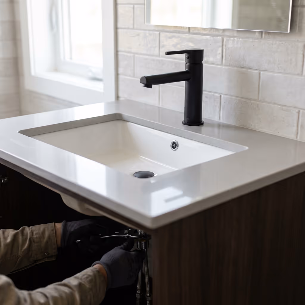 Person wearing gloves fixing plumbing under a modern bathroom sink with a black faucet and beige countertop.