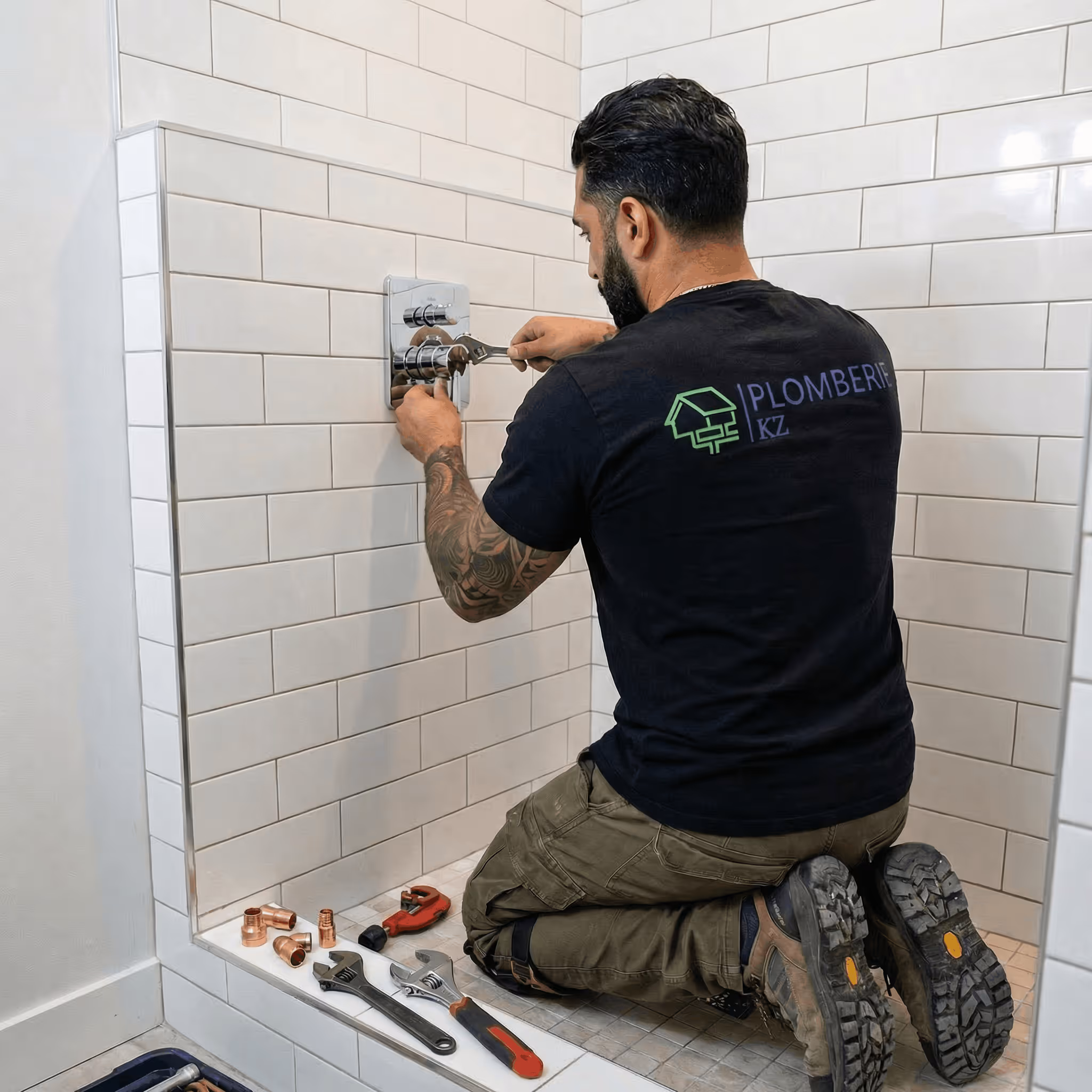 Kneeling plumber with tattoos adjusting shower valve in tiled bathroom shower.