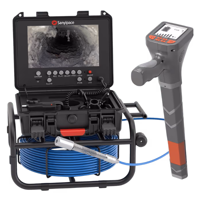 Sanyipace inspection camera system with a portable monitor showing a pipe interior and a handheld controller connected to a coiled blue cable and camera probe.
