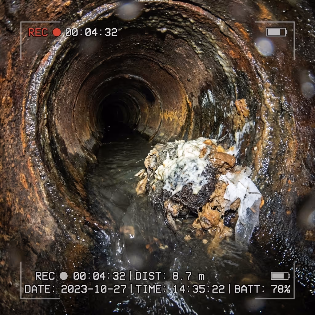 Inside a rusty sewer pipe with water flowing and a clump of wet debris blocking part of the pipe.