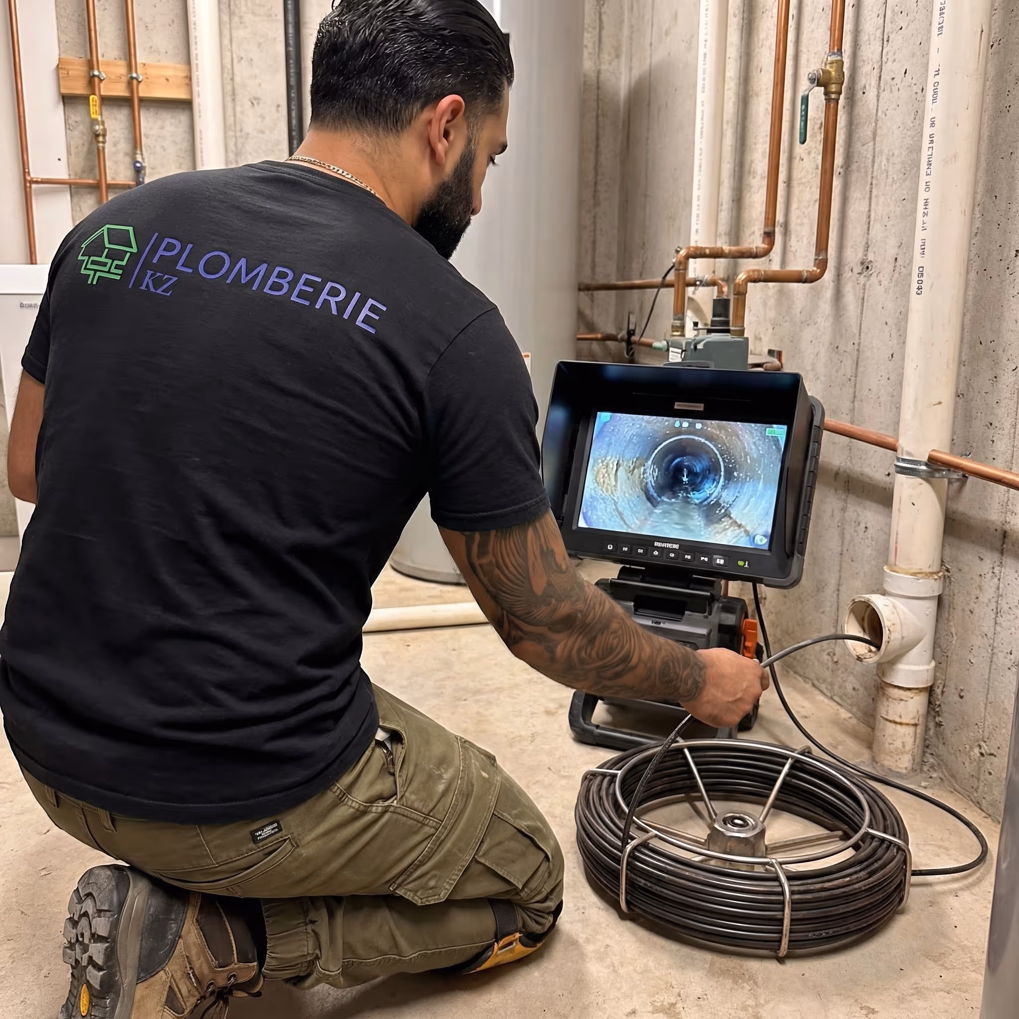 Plumber kneeling and using a sewer inspection camera to examine inside a pipe in a basement.