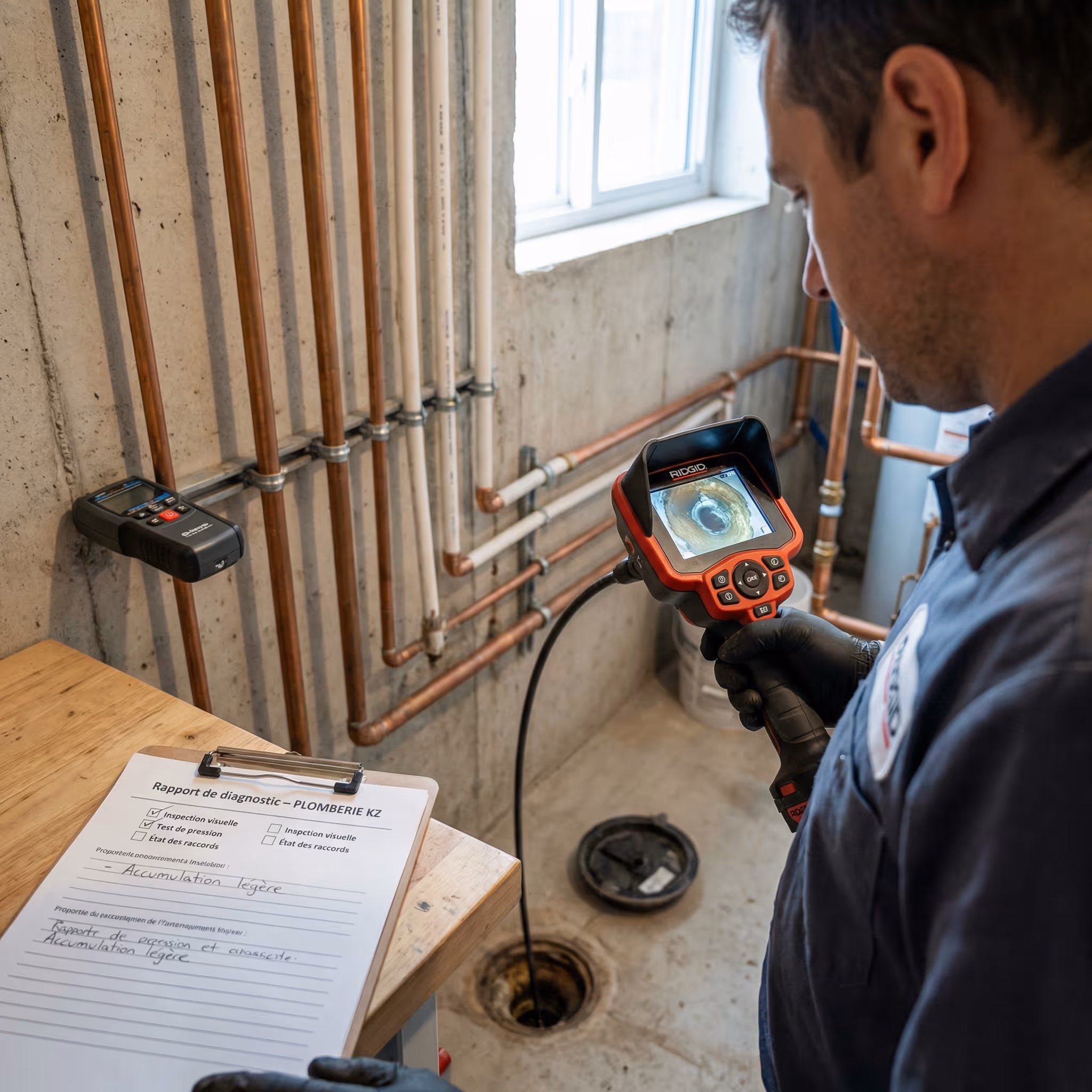 Plumber using a RIDGID inspection camera to examine a pipe, with a diagnostic report and pipes visible in a basement setting.