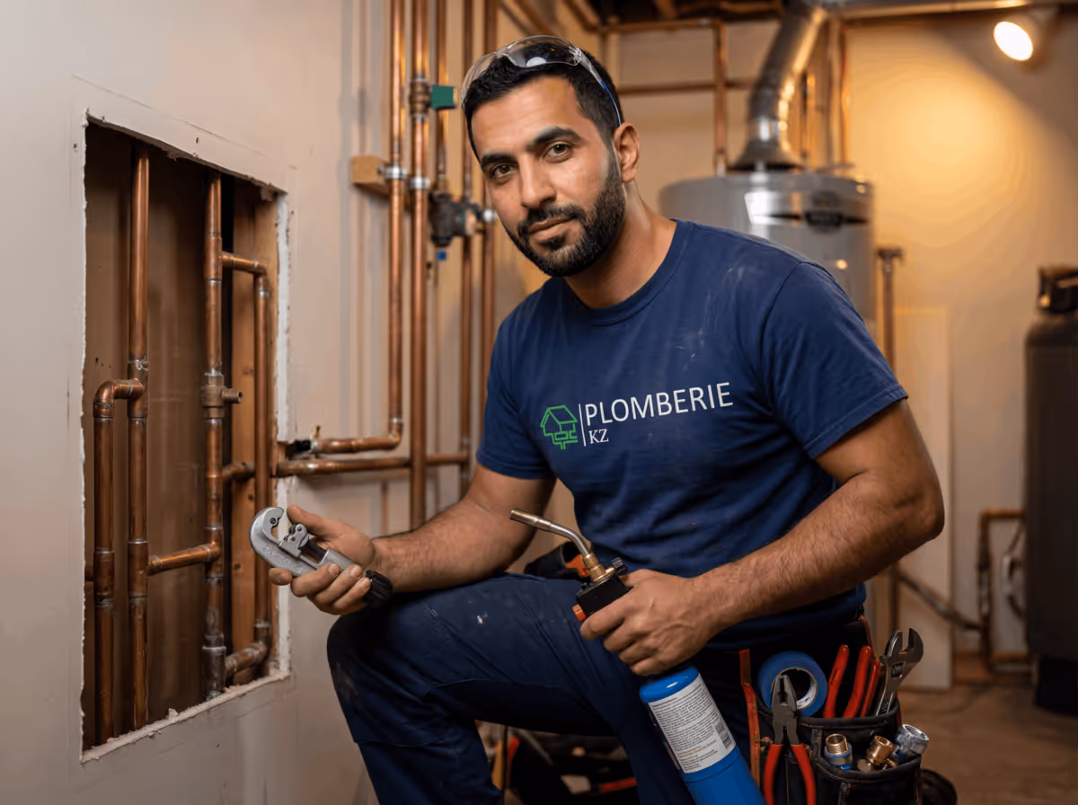 Plumber in navy shirt holding pipe cutter and blowtorch near copper piping in a basement.