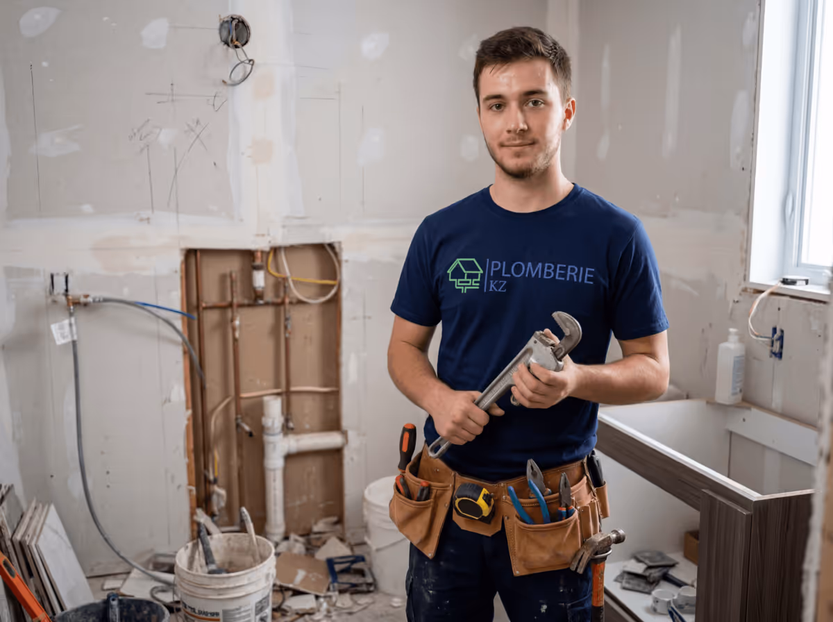 Young male plumber in blue shirt holding a pipe wrench in a room under renovation with exposed plumbing and tools.