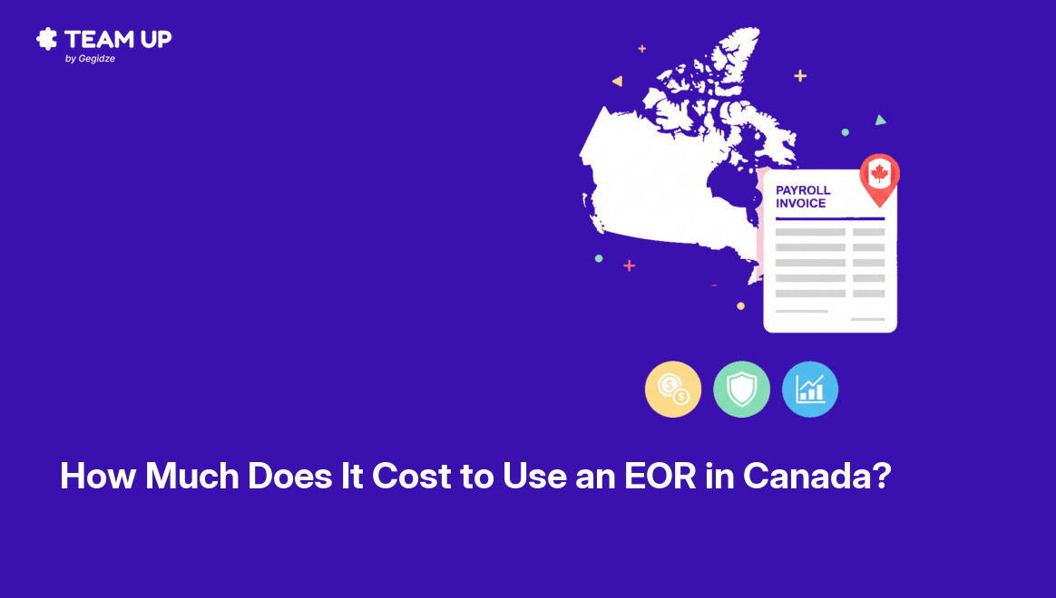 Employer of record cost in Canada breakdown shown on a payroll invoice card with Canadian map silhouette