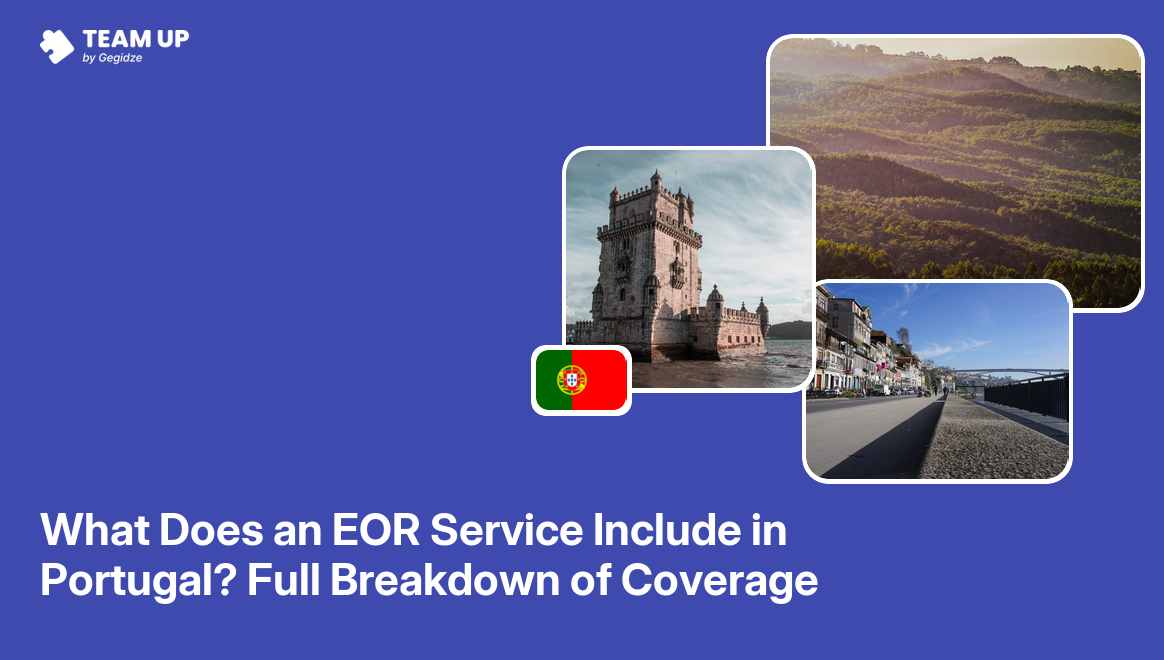 EOR service Portugal breakdown showing employment contract checklist with Portuguese flag pin and compliance badge icons