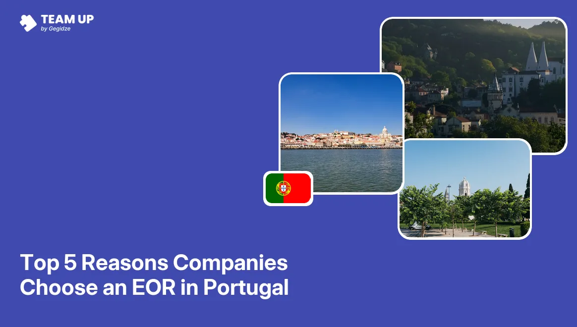 EOR in Portugal service agreement card with Portugal map silhouette and compliance badges for hiring in Lisbon