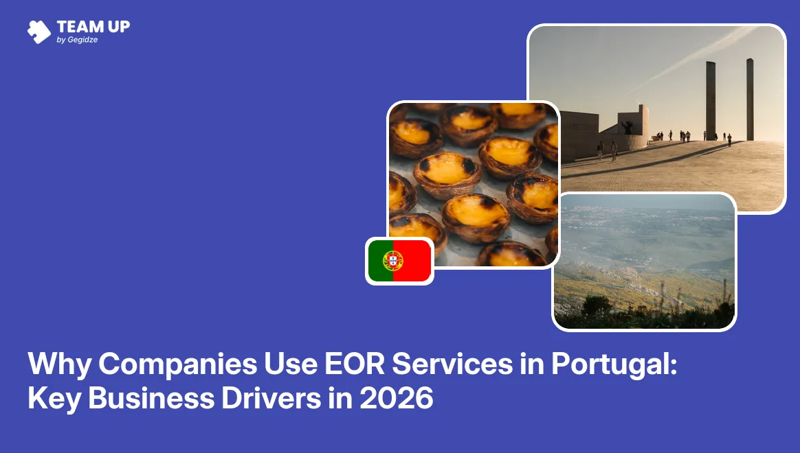 Illustration for EOR services in Portugal showing an employment contract and compliance badges against a Portugal map silhouette.