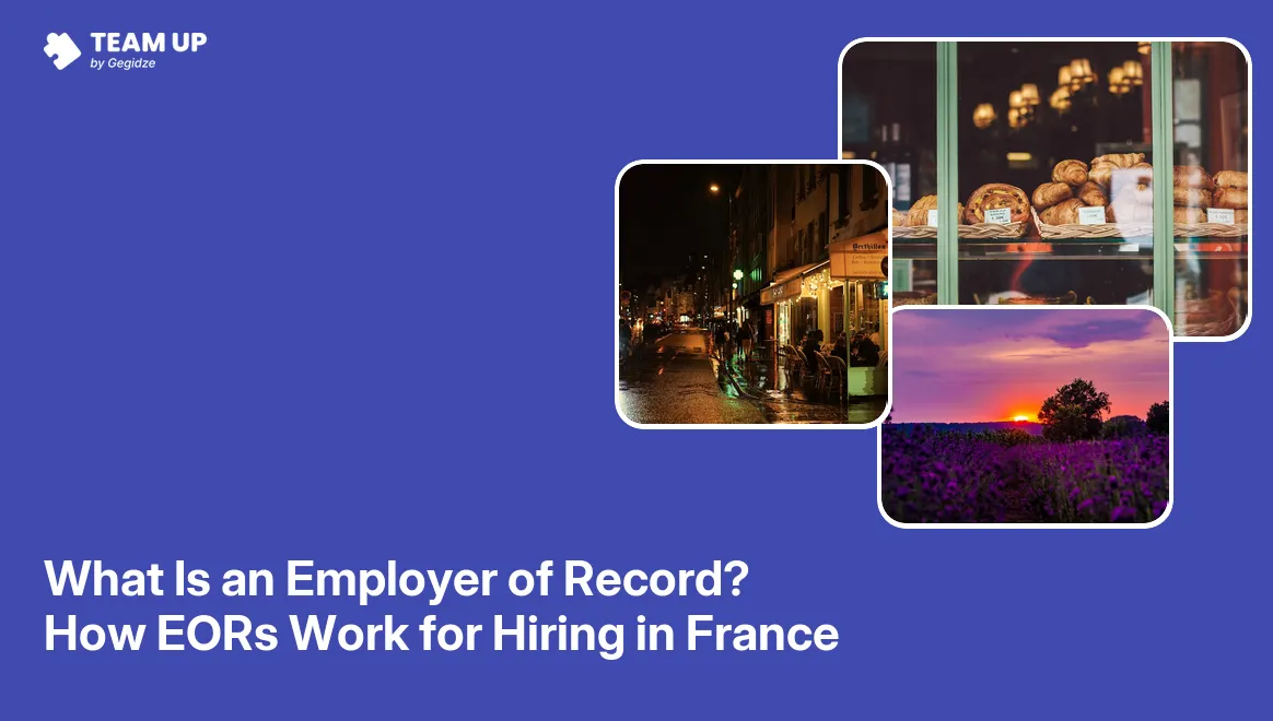 Employer of record France guide showing EOR legal structure, URSSAF registration, and French employment contract on document card.