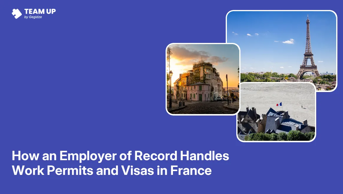 Employer of record work permits France guide showing visa checklist and DREETS authorization steps on a document card