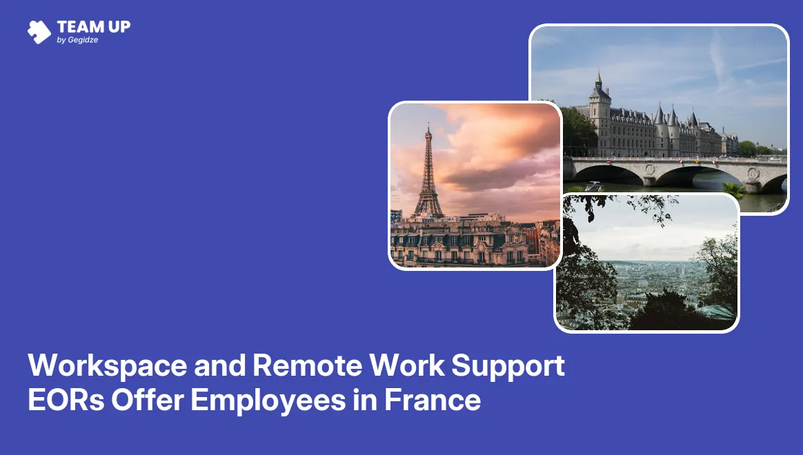 EOR remote work support France — employment contract card showing télétravail obligations and workspace setup for French employees.