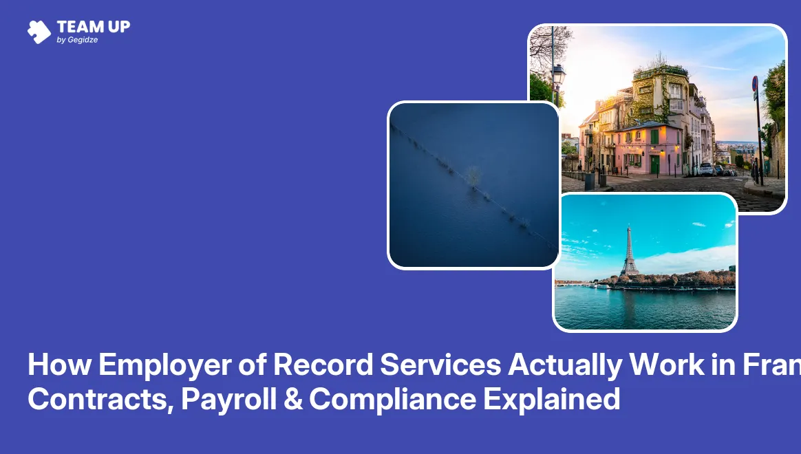 Employer of record France guide showing a payroll slip and CDI employment contract with French flag pin