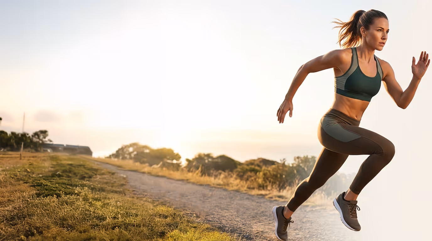 Athletic woman sprinting on a dirt path at sunrise dressed in workout gear.