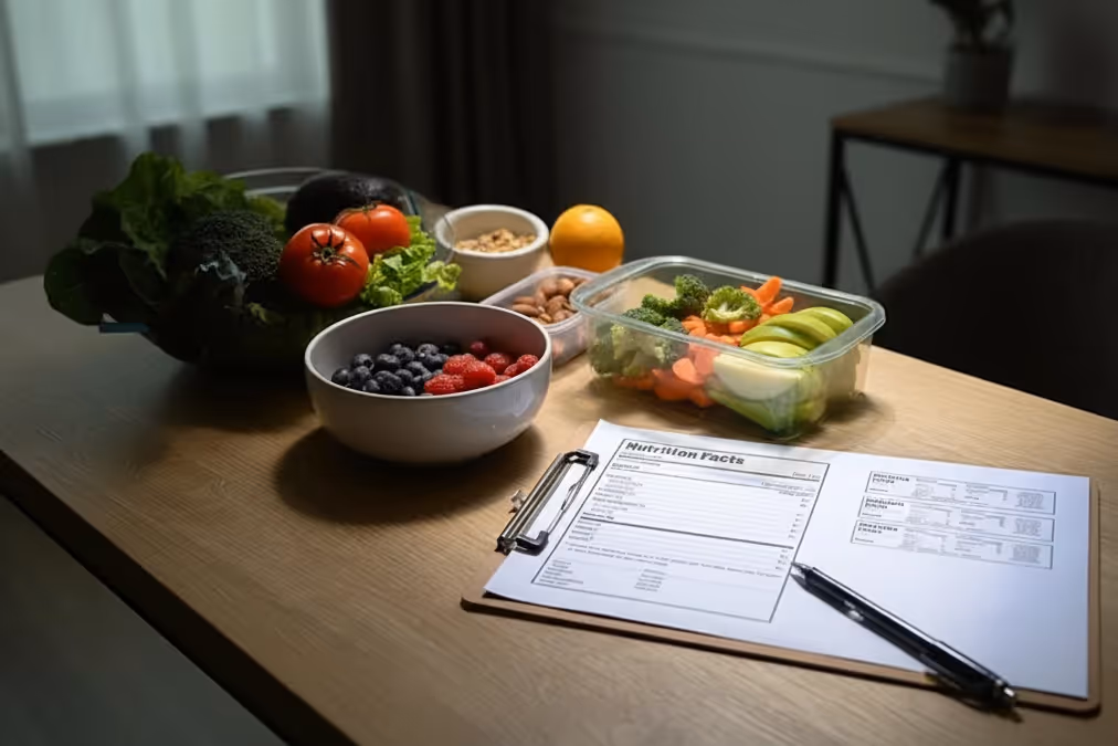 Table with fresh fruits, vegetables, nuts, and a clipboard showing nutrition facts and a pen.
