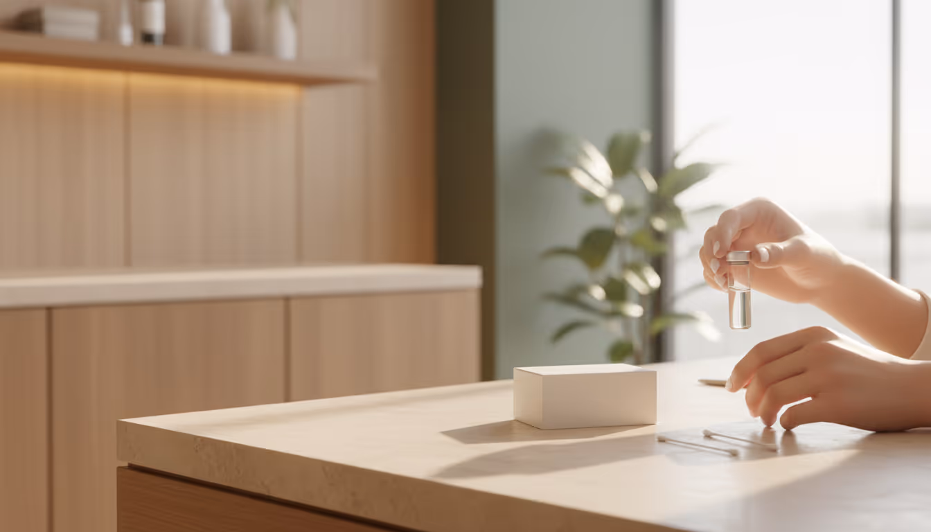 Hands holding a small vial with clear liquid on a sunlit table with cotton swabs and a white box.
