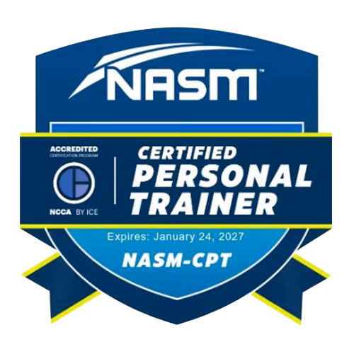 NASM Certified Personal Trainer badge with expiration date January 24, 2027, and NCCA accreditation.