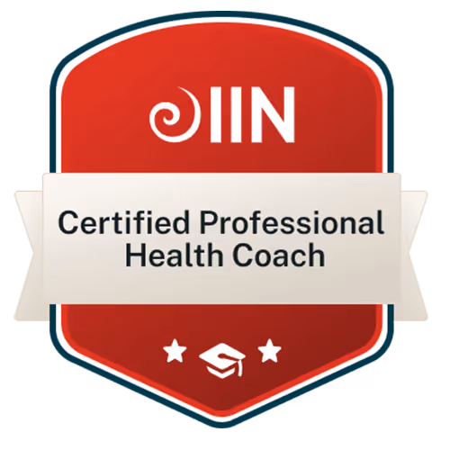 Red badge with IIN logo and text Certified Professional Health Coach.