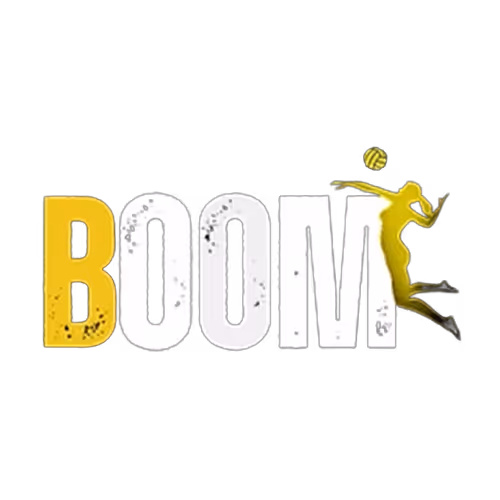 The word BOOM with a yellow and white distressed font and a yellow silhouette of a volleyball player hitting a ball.
