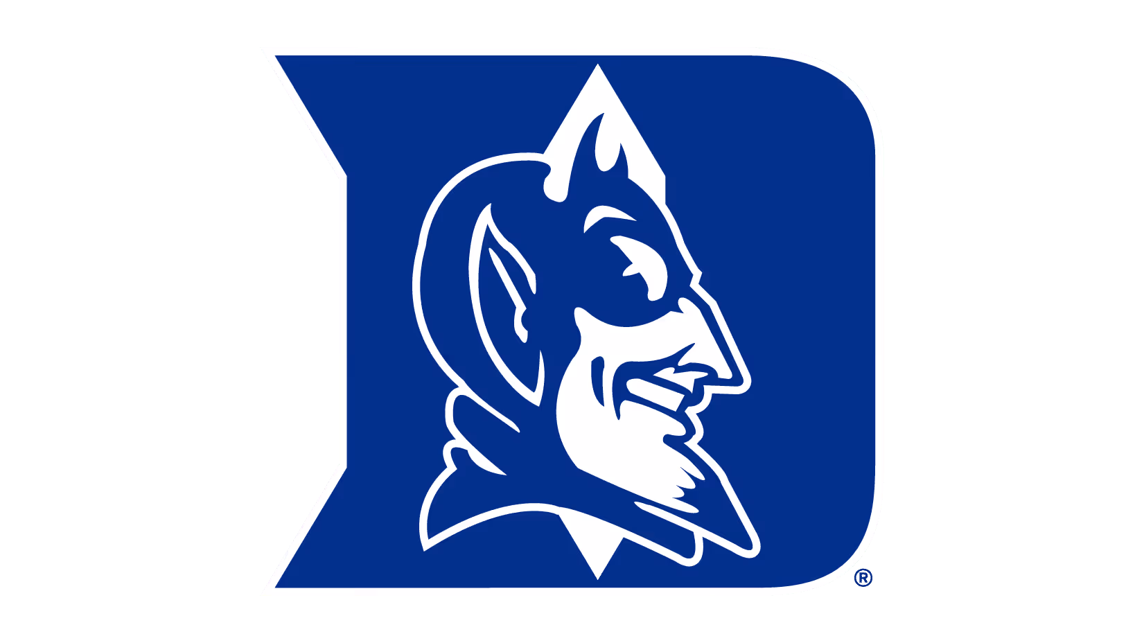 Blue Duke Blue Devils mascot head inside a blue and white stylized letter D.