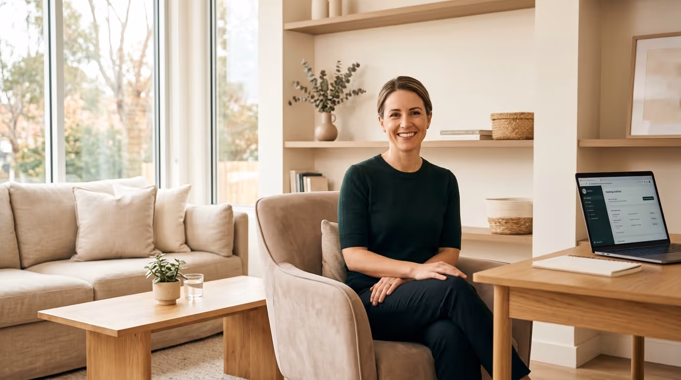 Smiling woman sitting cross-legged on a beige armchair in a bright living room with a laptop on a wooden desk.
