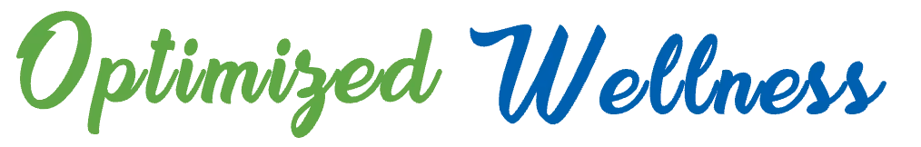 Text reading 'Optimized Wellness' in stylized green and blue script fonts.