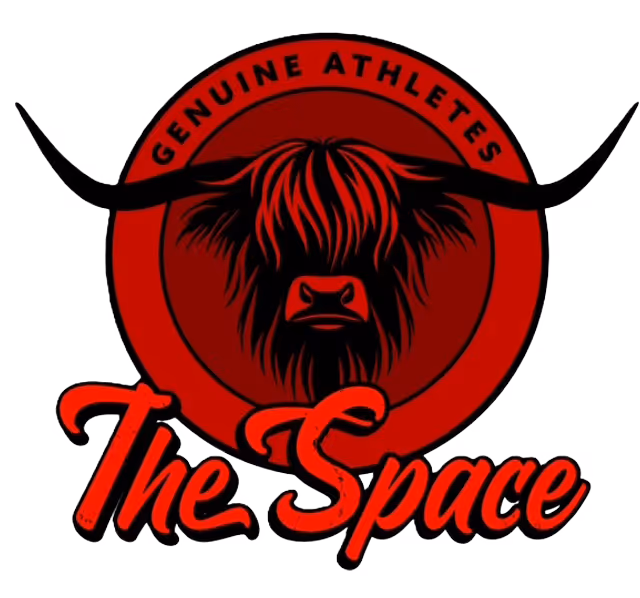Red circular logo with a black highland cow head and long horns, text reads 'Genuine Athletes The Space'.