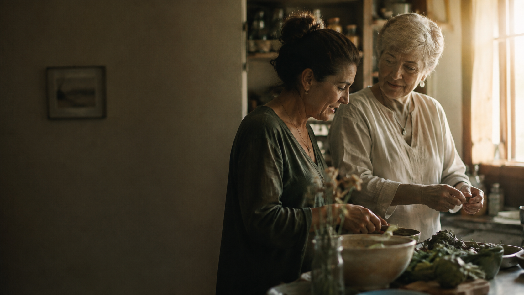 Two women preparing fresh vegetables together in a warmly lit kitchen by a window.