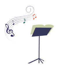 Music stand with open sheet music and colorful musical notes floating nearby on dark background.