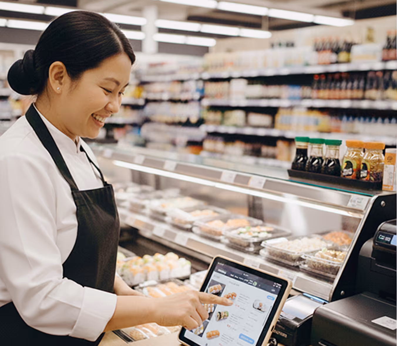 Smiling woman in a black apron using a touchscreen tablet at a sushi counter in a grocery store.