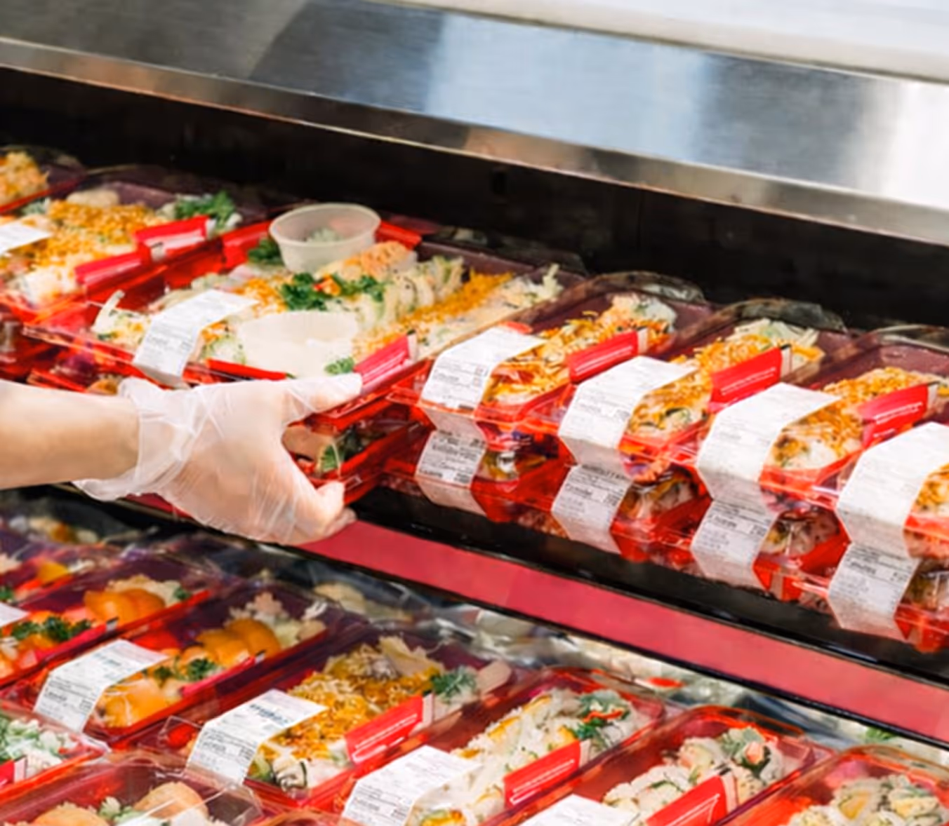Gloved hand selecting a packaged meal from a refrigerated display filled with multiple ready-to-eat meals in clear containers with red labels.