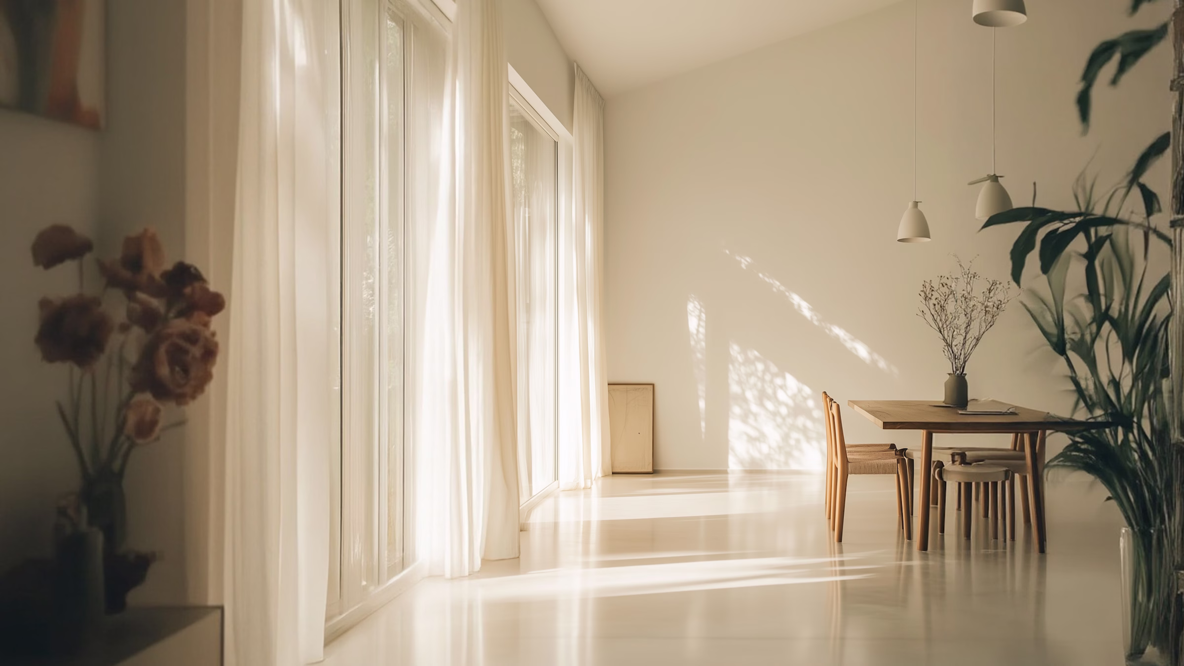 Minimalist dining room with wooden table and chairs, sheer white curtains, and soft natural light.