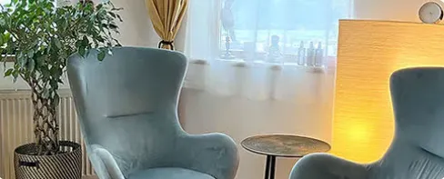 Cozy corner with two blue armchairs, a round side table, a tall floor lamp, and a potted plant near a window with sheer curtains.