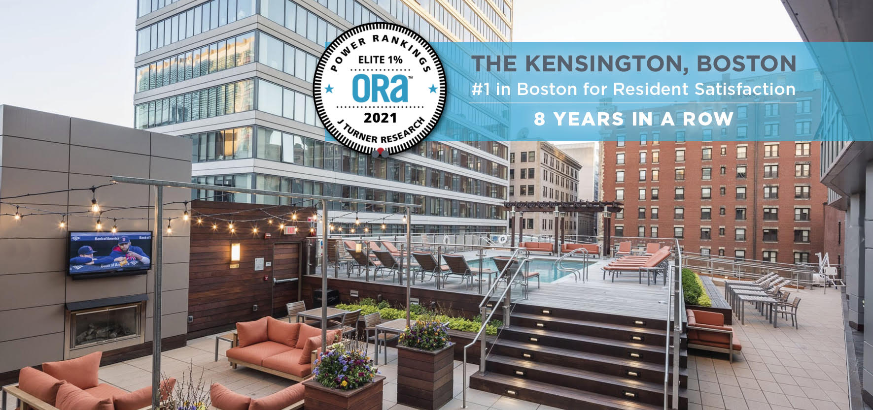 Rooftop pool and lounge at The Kensington property development in Boston, #1 for resident satisfaction 8 years in a row by ORA.