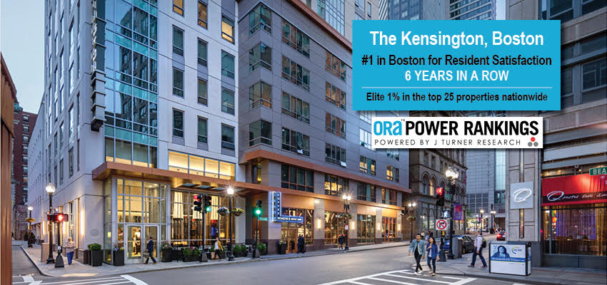 Exterior of The Kensington property development in Boston, #1 for resident satisfaction 6 years running and elite 1% nationwide per ORA rankings.