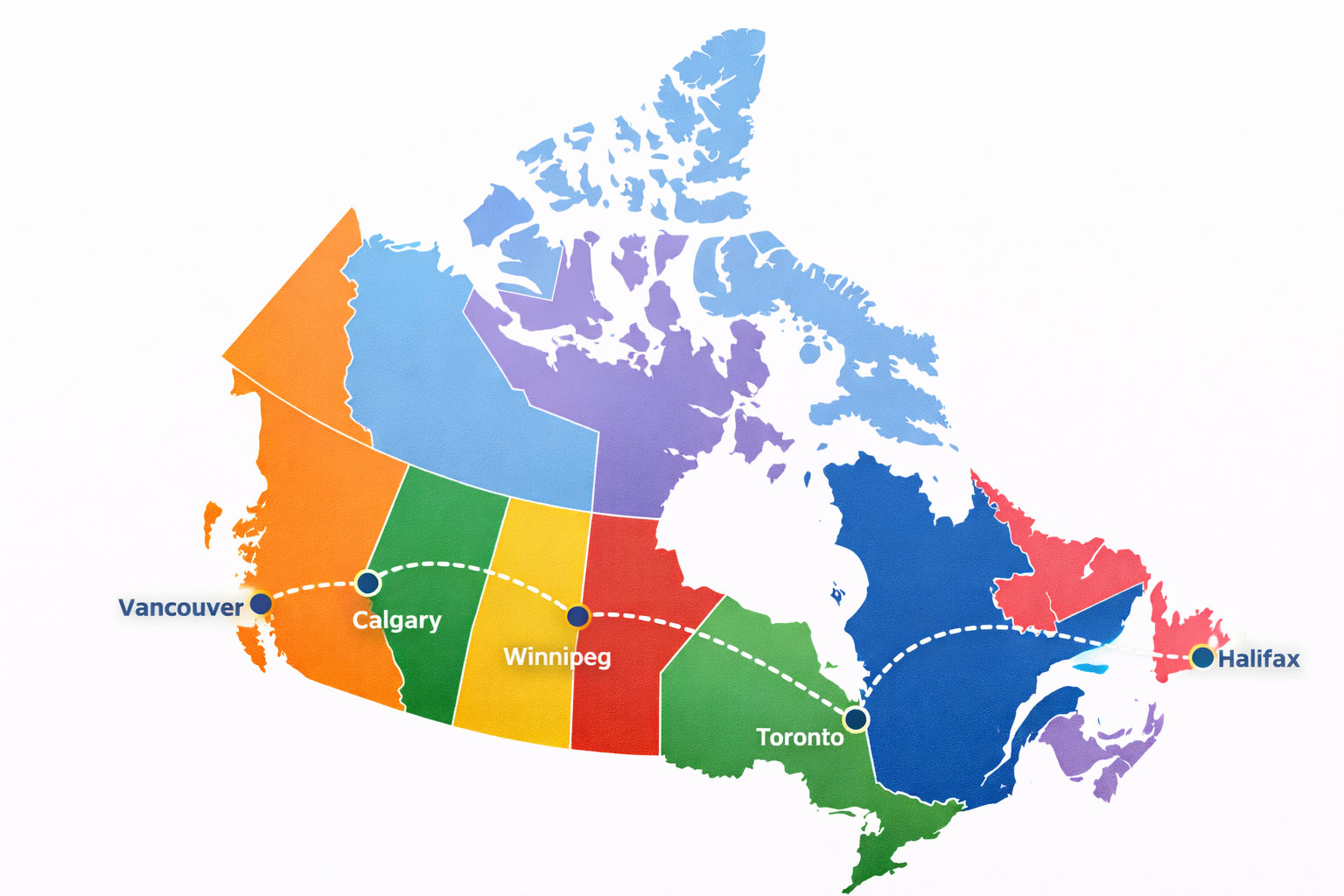 Map of Canadian freight lanes linking Vancouver, Calgary, Winnipeg, Toronto and Halifax