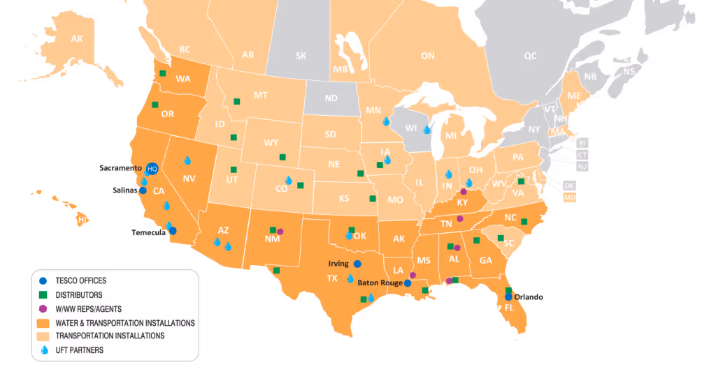Map of the United States showing TESCO offices, distributors, representatives, water and transportation installations, transportation installations, and UFT partners by state with colored markers and shading.
