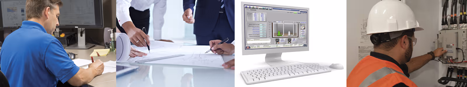 Collage showing a man writing at a desk, people reviewing blueprints, a computer screen displaying technical software, and a technician in a hard hat adjusting electrical equipment.