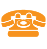 Orange vintage rotary telephone icon with a smiling face on the dial.