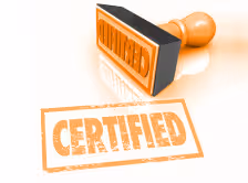 Orange rubber stamp with the word 'CERTIFIED' stamped on a white surface.