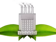 Illustration of a factory with four smokestacks emitting smoke, positioned on two large green leaves symbolizing environmental impact.
