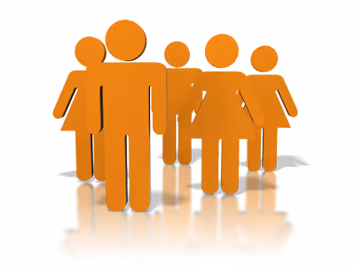 Group of six orange human stick figures standing together with reflections on white surface.