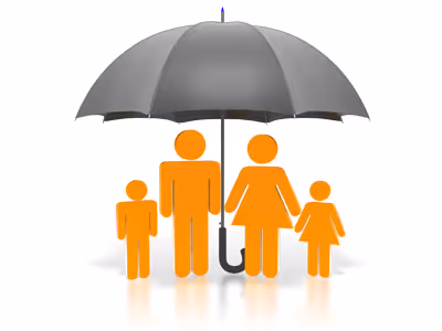 Illustration of an orange family of four figures standing under a large gray umbrella.