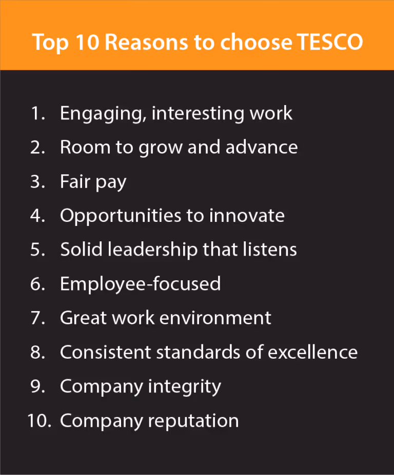 List titled 'Top 10 Reasons to choose TESCO' including engaging work, growth opportunities, fair pay, innovation, leadership, employee focus, good environment, standards, integrity, and reputation.
