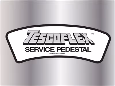 Logo of TESCOFLEX SERVICE PEDESTAL with patent number 3,906,295 on a metallic gradient background.