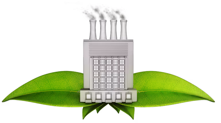 Factory with four smokestacks emitting smoke, positioned on three overlapping green leaves.