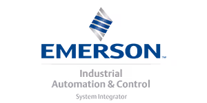 Emerson company logo with a blue diamond shape above the name and 'Industrial Automation' text below.