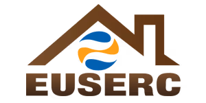 Logo of EUSERC featuring a brown house roof outline above blue and orange curving shapes and the text EUSERC in brown.